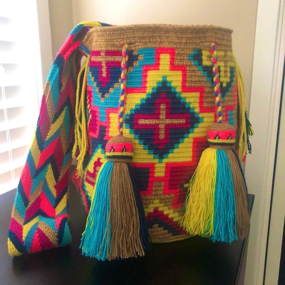 Wayuu Tribe Handbags - Authentic Wayuu Matizado bag / Multicolored crosses / size L / Handmade bag